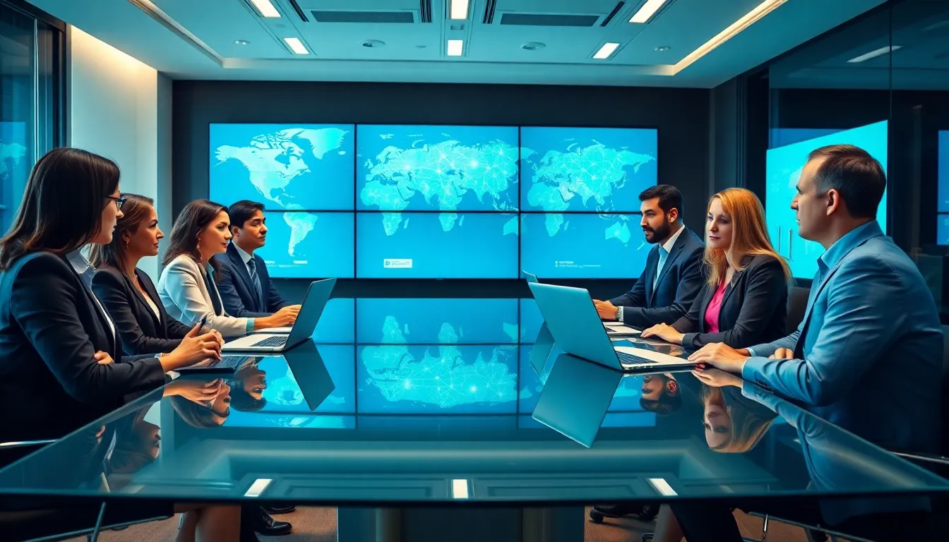 diverse team collaborating in a modern office setting on global issues.