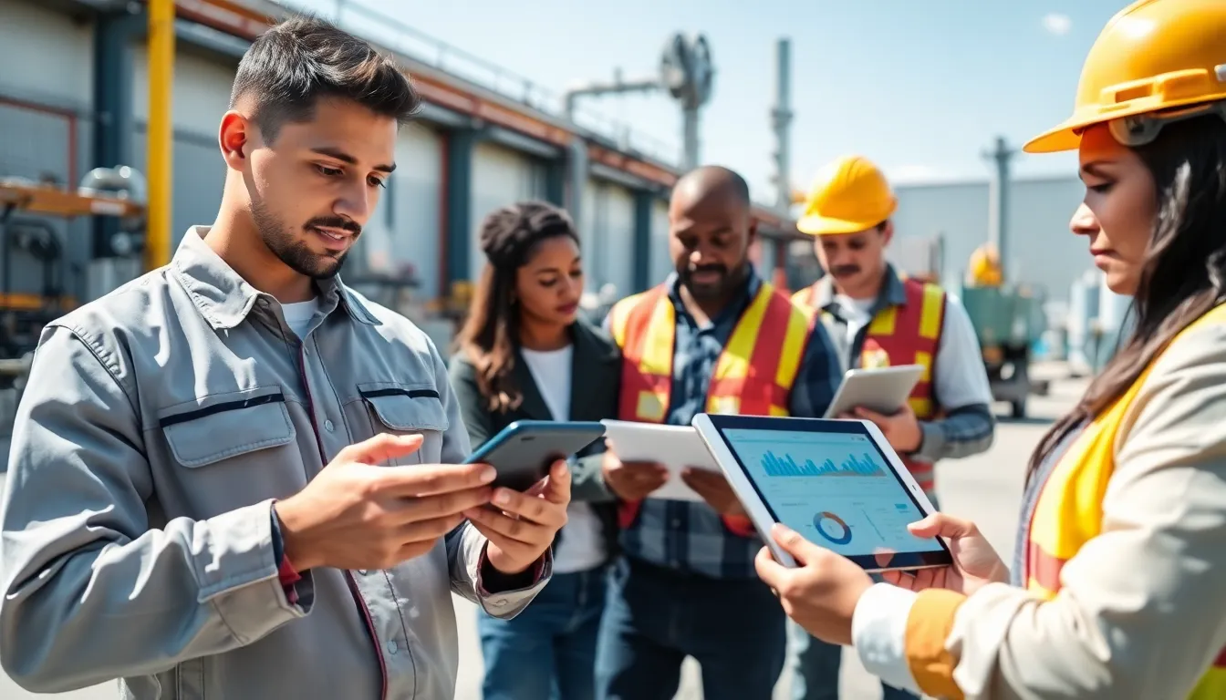professionals using CMMS mobile apps in an industrial setting.