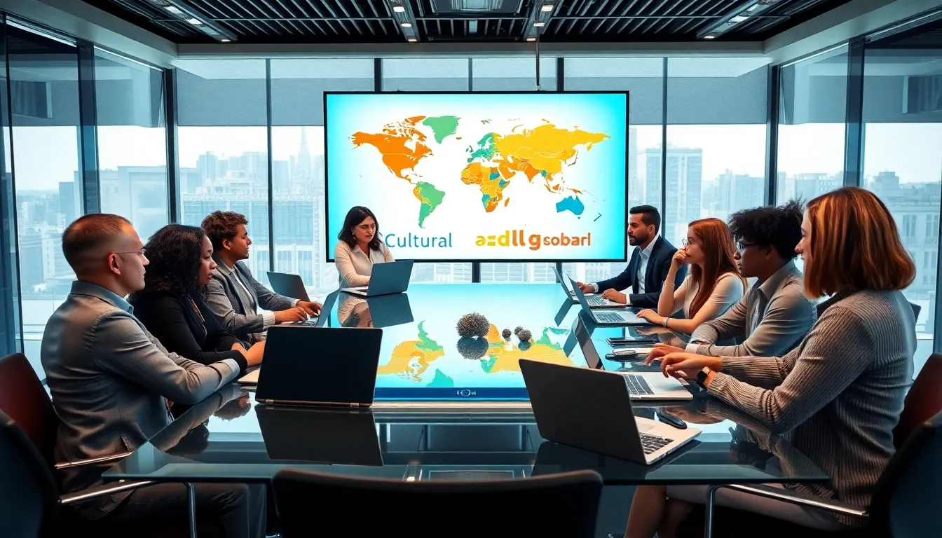 diverse team strategizing global public affairs in a modern office.