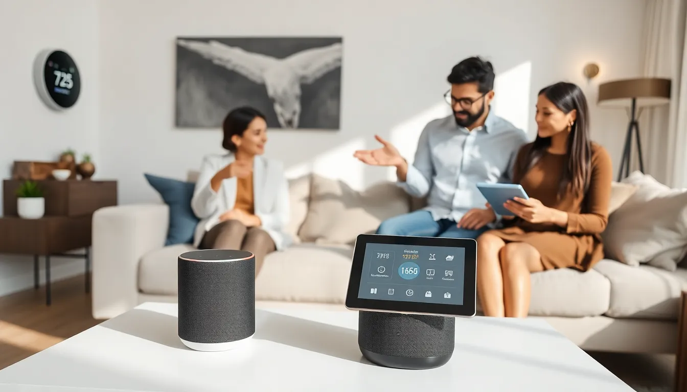 a family using smart devices in a modern connected home living room.