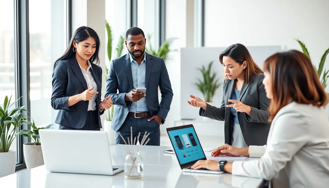 diverse team discussing mobile marketing apps in a modern office.