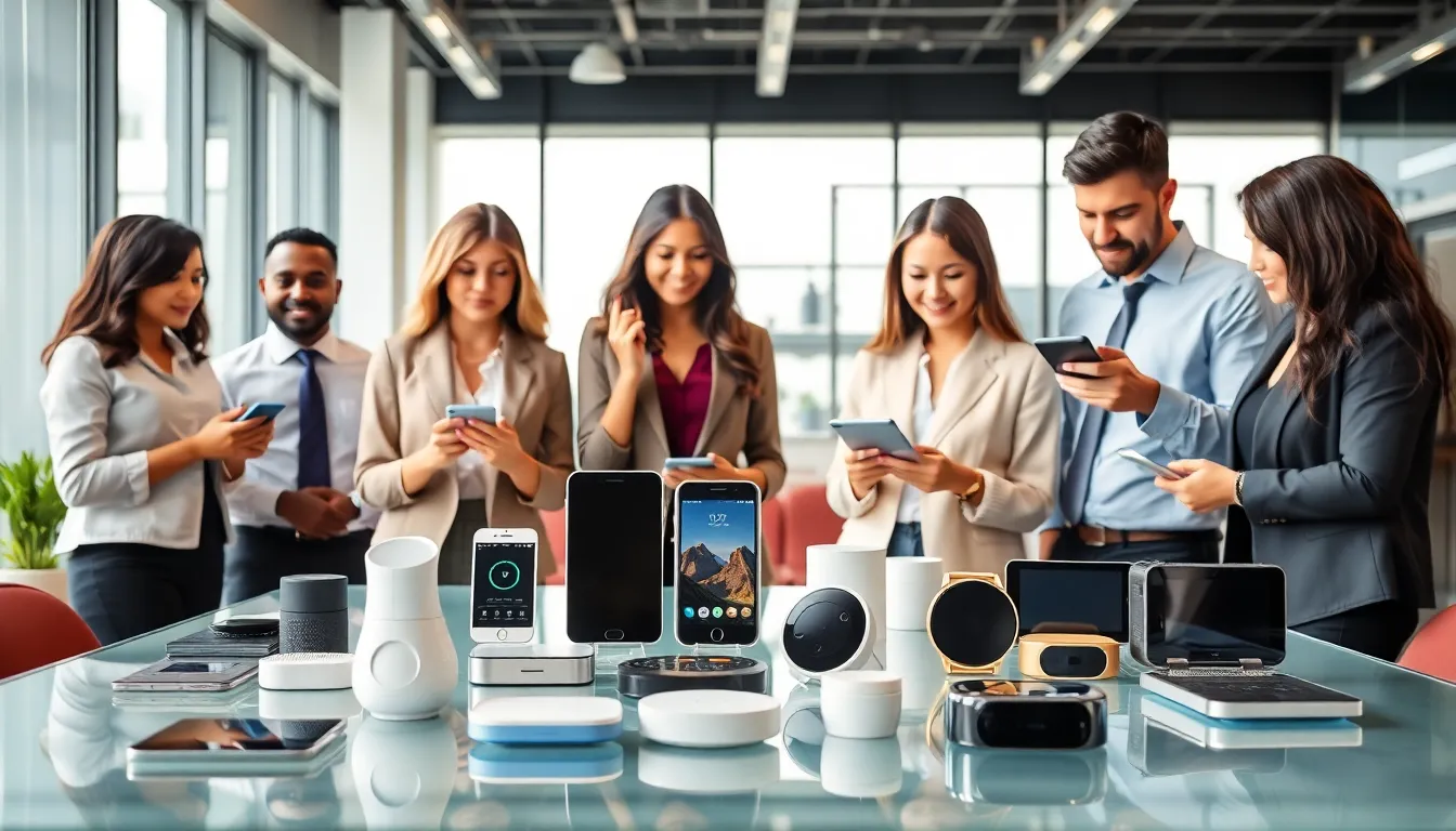 diverse technology devices displayed in a modern office setting.