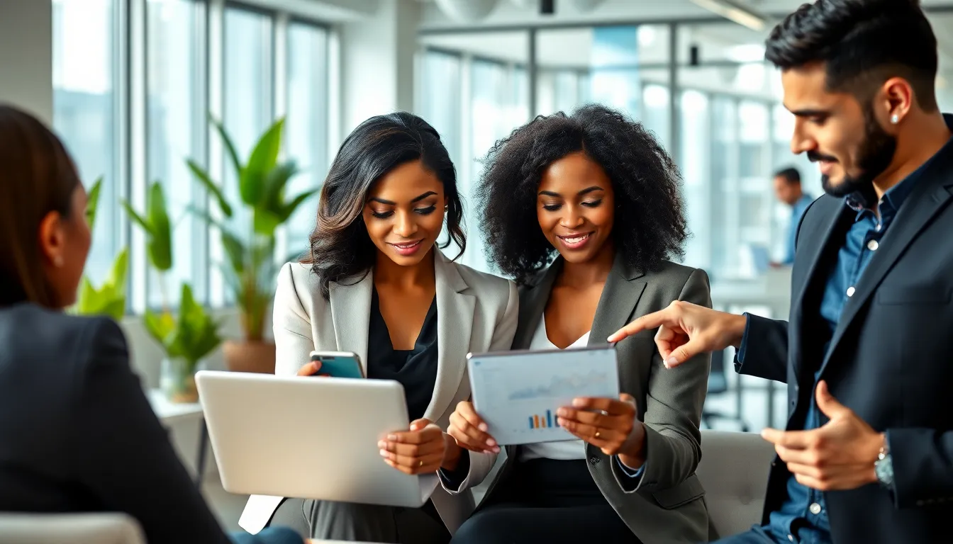 diverse team reviewing mobile recruiting apps in a modern office.