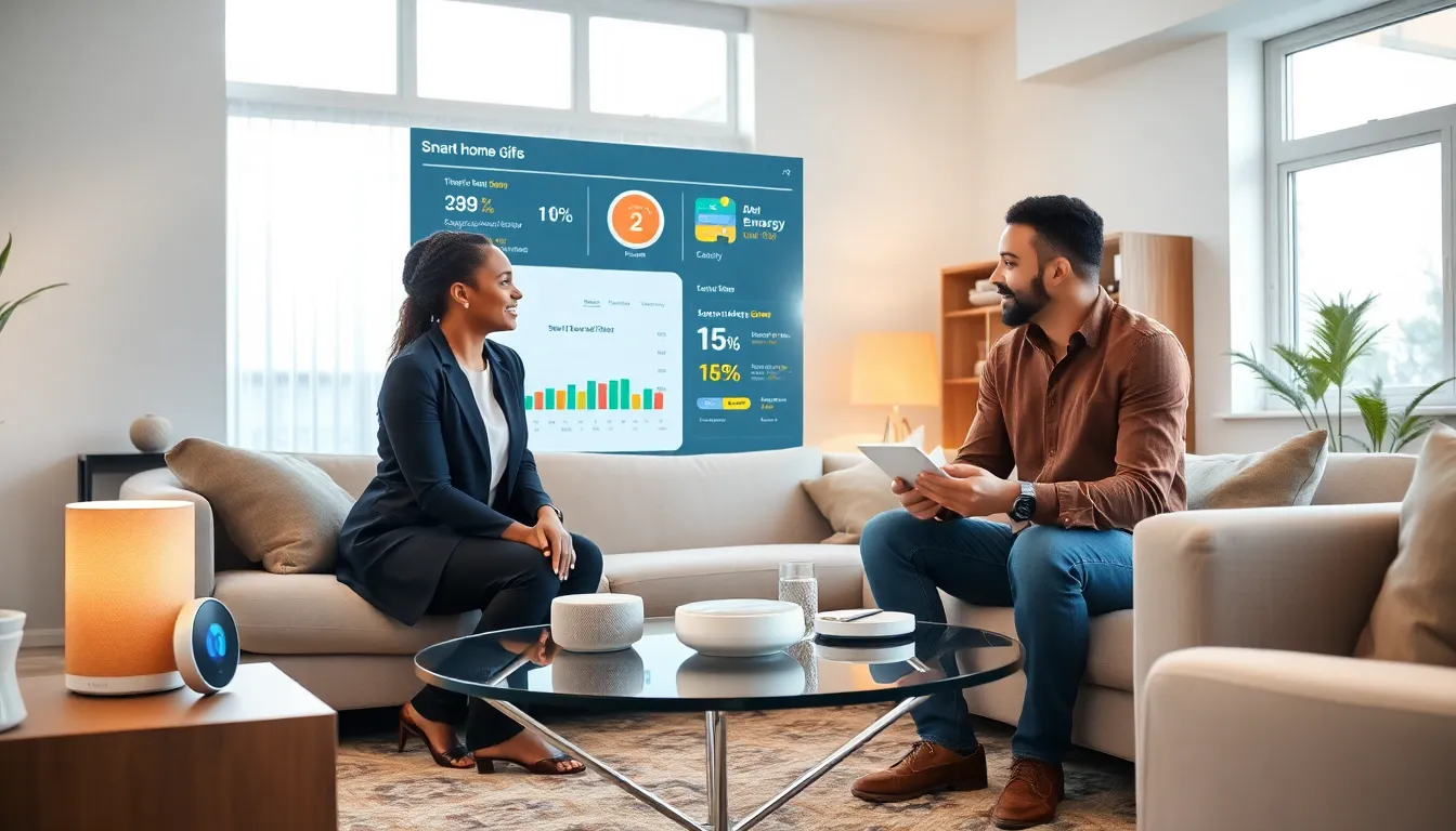 professionals discussing smart home technology in a modern living room.